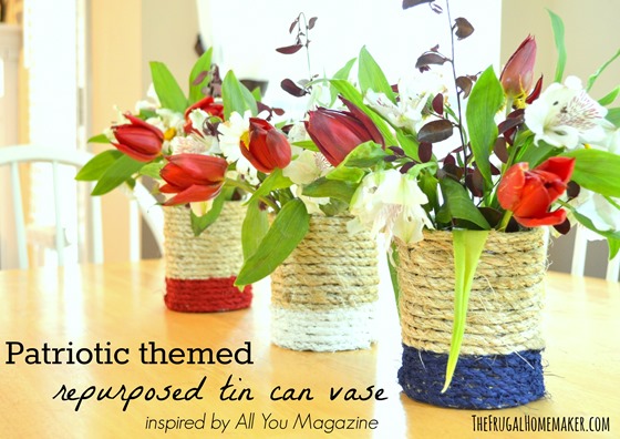 Patriotic themed repurposed tin can vase