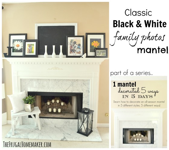 Classic Black and White family photos mantel