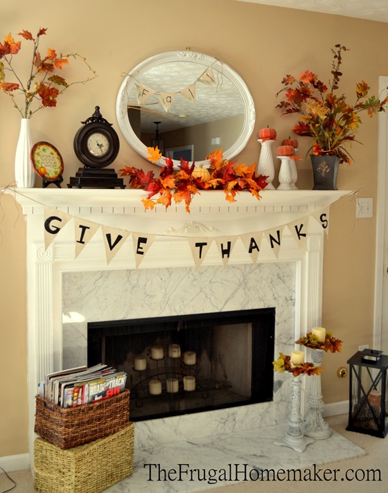 fall mantel with Give Thanks banner