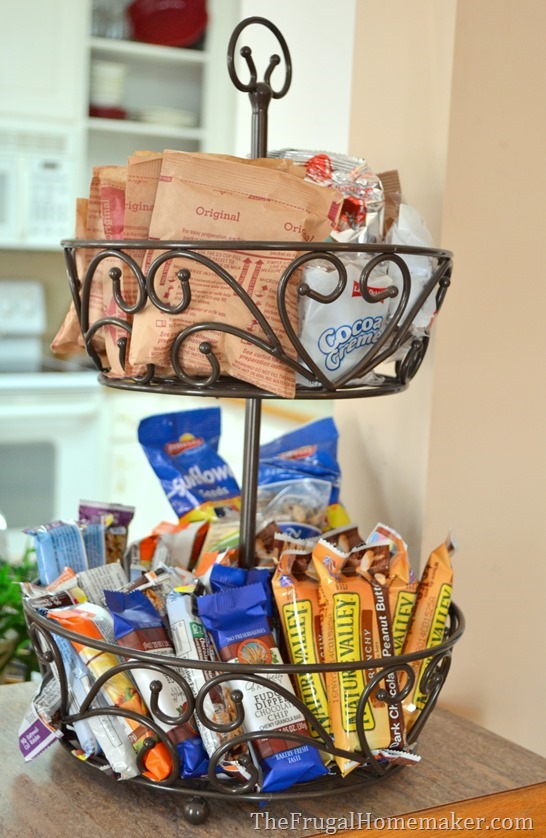 6. Put snack items or breakfast items in a pretty tiered bin or basket for easy access. 