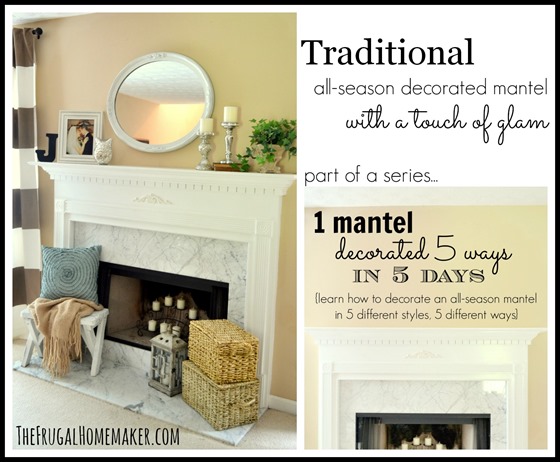 Traditional all season mantel with a touch of glam