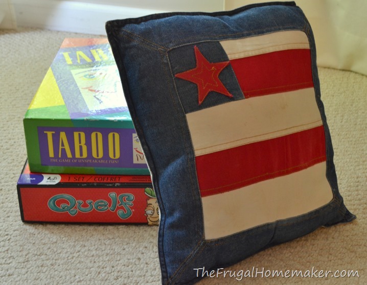 games and flag pillow from thrift store