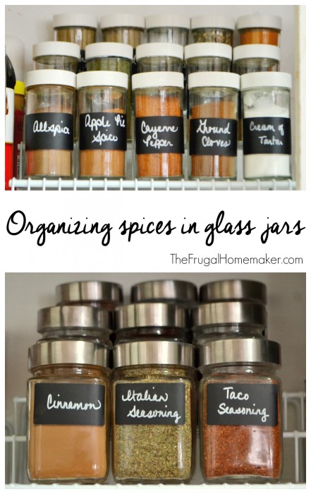 Organizing spices in glass jars with chalkboard labels