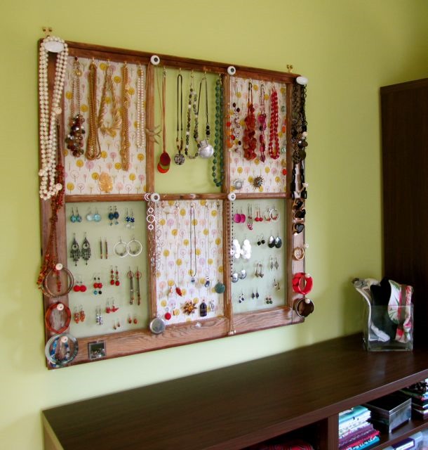 old window frame turned jewelry storage