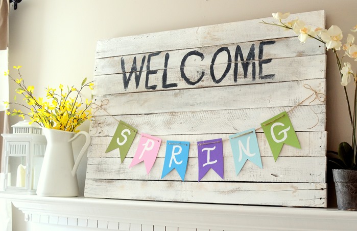 Spring mantel with pallet sign and painted banner