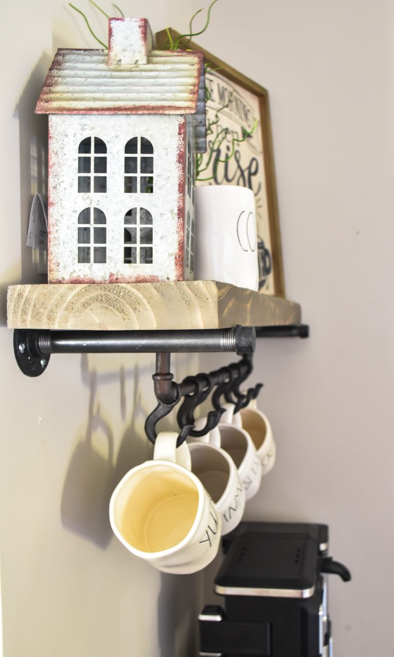 Farmhouse Coffee Bar with DIY floating shelf and mug rack