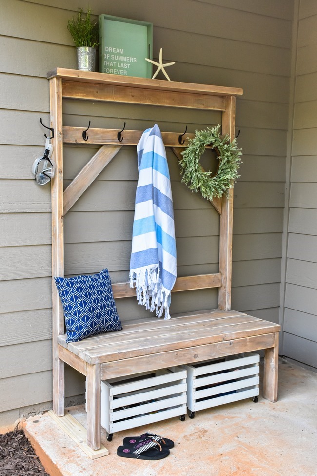 Farmhouse style DIY hall tree for pool towels-8