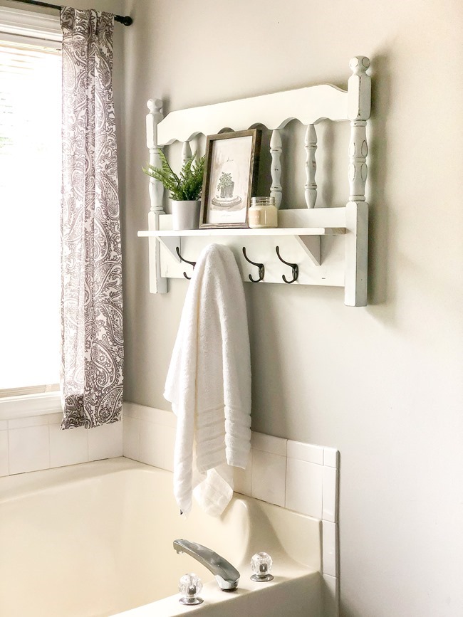 Repurposed headboard turned towel rack and shelf-2